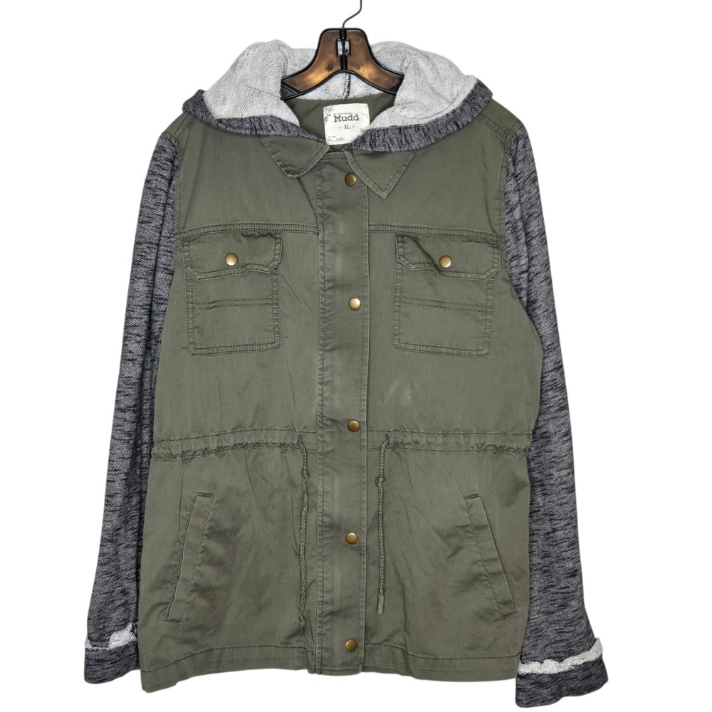 Mudd Olive Green Utility Anorak Jacket XL Gray Knit Sleeve Hoodie Military Indie